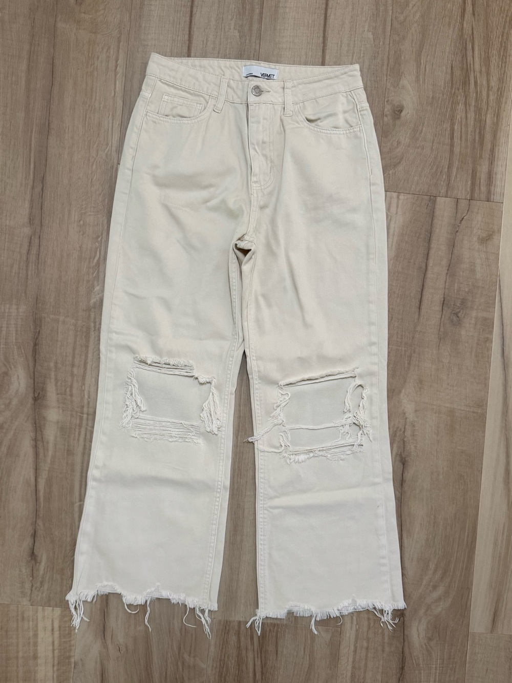 VERVET BY FLYING MONKEY Cream Distressed Wide Leg Jeans